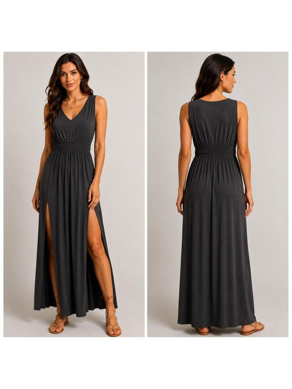WHBM Black Maxi Dress with Double Front Slits - M